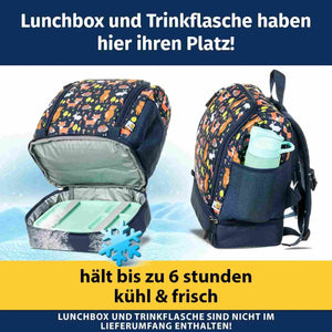 Infografik eines Kindergartenrucksacks, die das isolierte Bodenfach für eine Lunchbox und die seitliche Flaschenhalterung zeigt. Ein Text weist darauf hin, dass die Isolierung Speisen und Getränke bis zu 6 Stunden kühl hält.