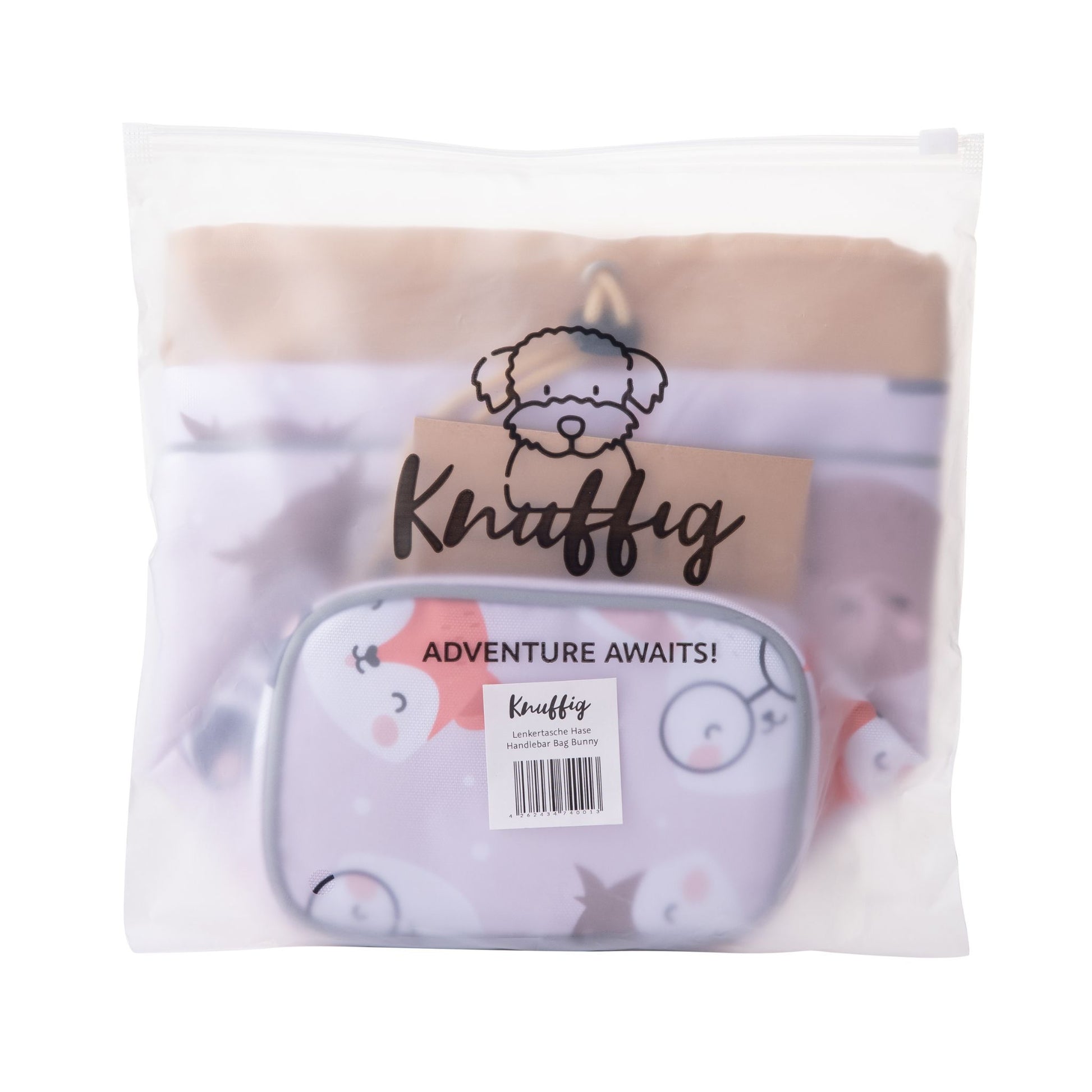 Die beige Kinder-Lenkertasche ordentlich verpackt in einem passenden Stoff-Aufbewahrungsbeutel mit Kordelzug – ideal als Geschenkidee für Kinder zum Geburtstag oder zur Einschulung.