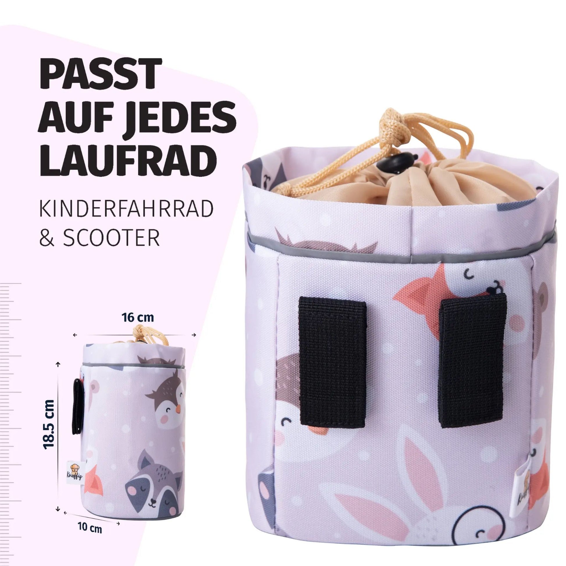 Infografik zur Kinder-Lenkertasche mit dem Text „PASST AUF JEDES LAUFRAD, KINDERFAHRRAD & SCOOTER“. Gezeigt werden die Rückansicht mit zwei Klettverschlüssen sowie die Maße: 18,5 cm Höhe, 16 cm Breite oben und 10 cm Durchmesser am Boden