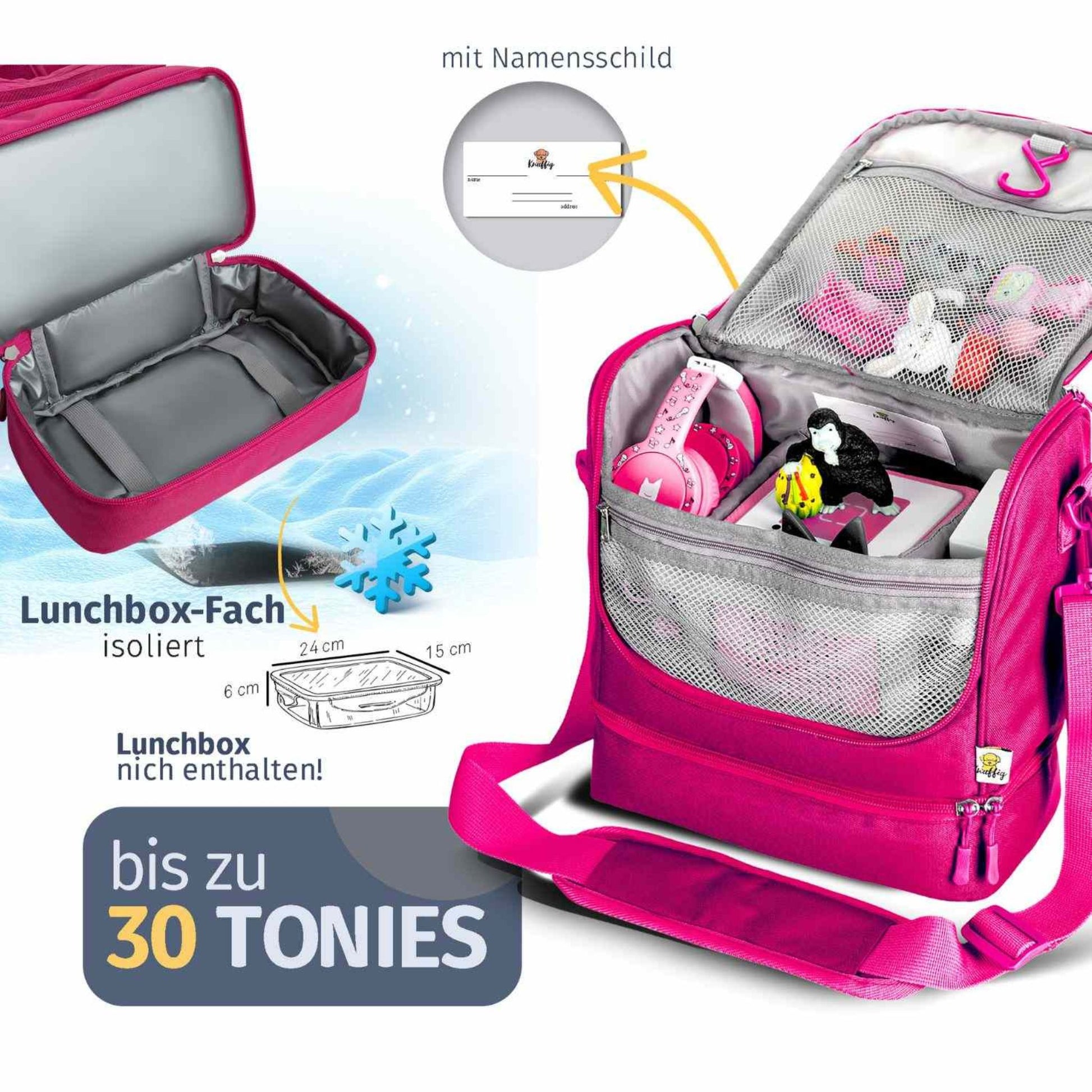 Geöffnete pinke Prinzessin-Umhängetasche für Kinder: Das Hauptfach zeigt eine verstaute Toniebox, während das untere isolierte Fach ideal für die Mitnahme von frischen Snacks geeignet ist.