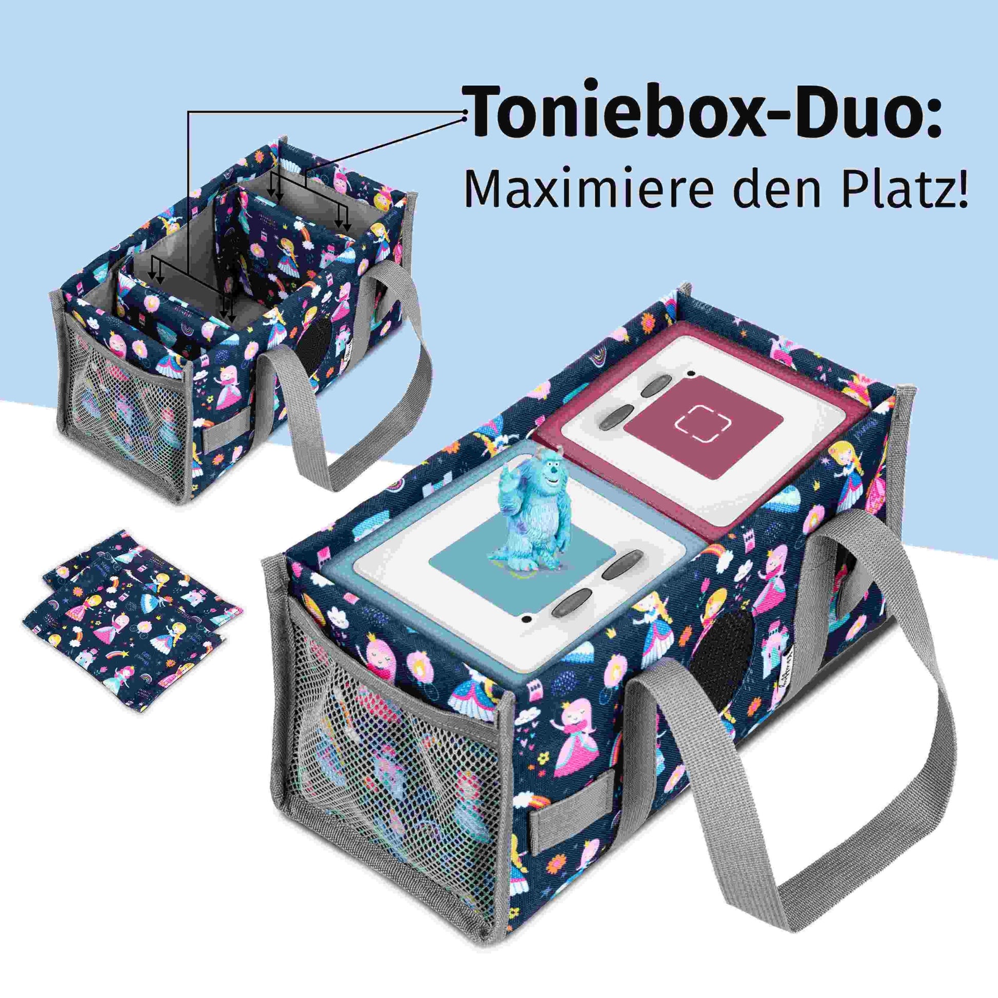 Innenansicht der Toniebox-Tragetasche, bestückt mit einer Toniebox und zwei Hörfiguren; die passgenauen Fächer halten die Box und die Tonies sicher an ihrem Platz und verhindern ein Verrutschen während des Transports.