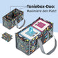 Die graue Duo-Transporttasche mit Dinosaurier-Motiv bietet Platz für eine Toniebox und zwei Tonies; die kompakte Tragetasche ist ideal für kurze Ausflüge und schützt den Inhalt durch gepolsterte Innenfächer.