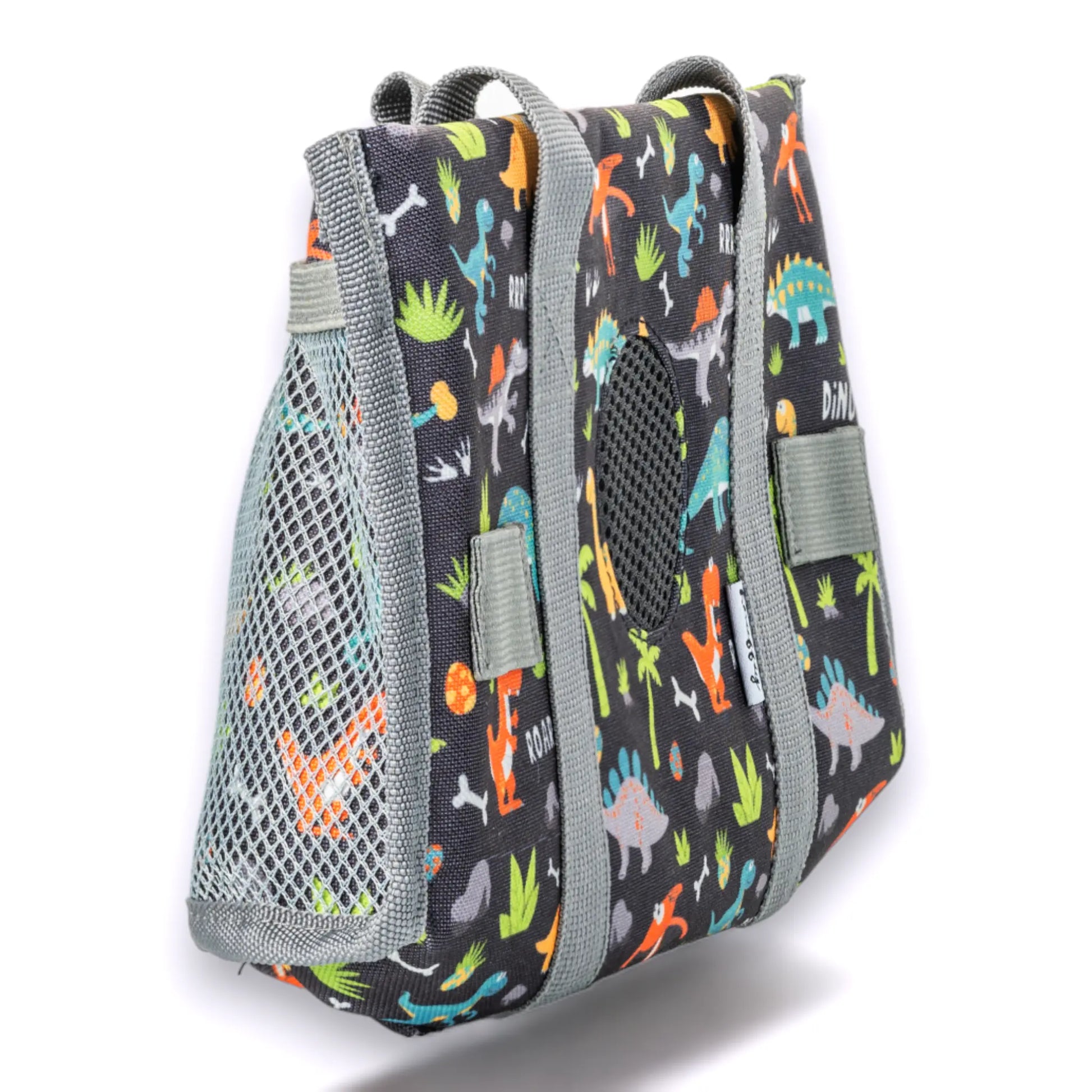 Die graue Dinosaurier-Toniebox-Tasche im flach gefalteten Zustand; das platzsparende Design ermöglicht eine einfache Aufbewahrung im Regal oder Reisegepäck bei minimalem Platzbedarf.