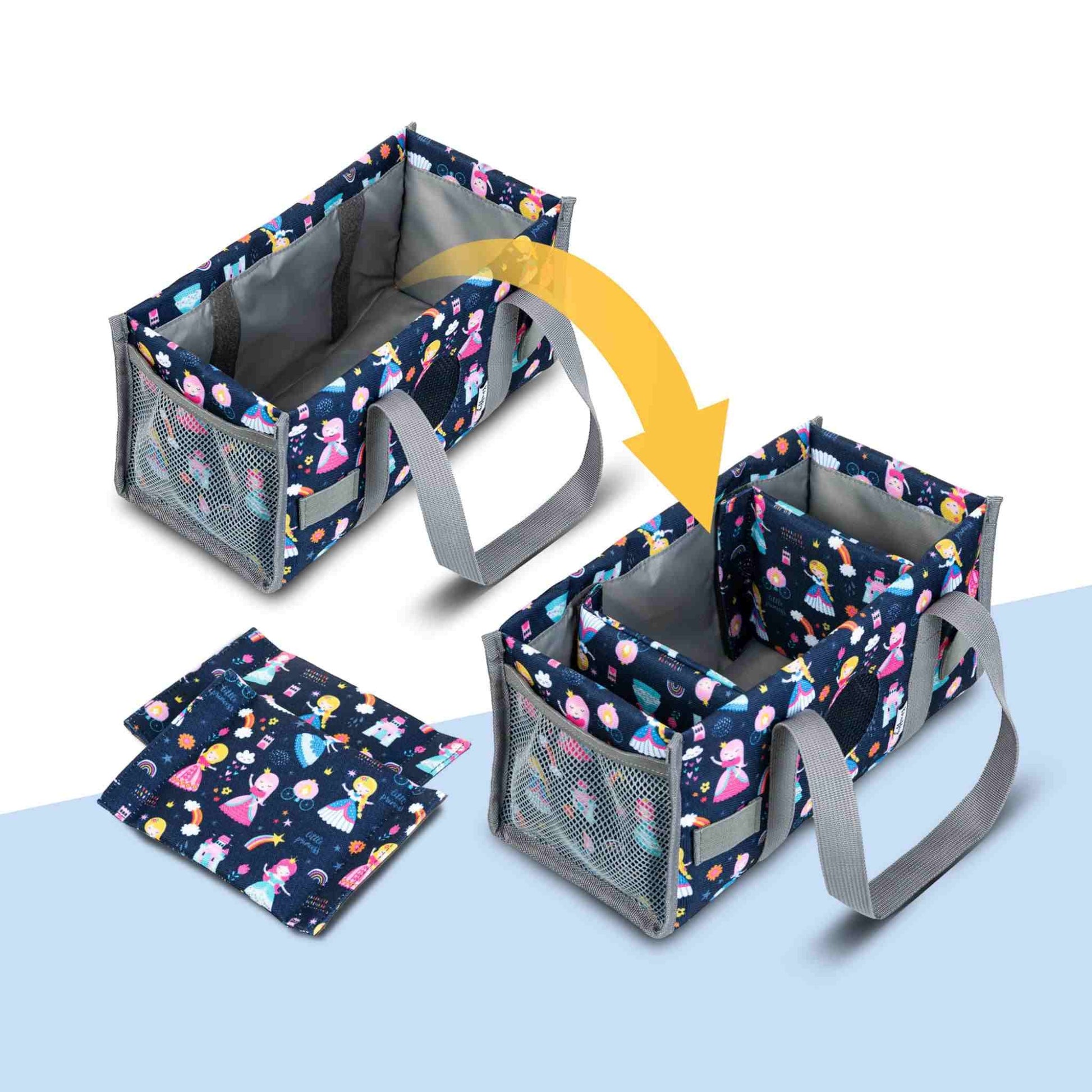 Innenansicht der leeren Prinzessinnen-Tragetasche; die weich gepolsterten Trennwände bieten eine übersichtliche Aufteilung für die Toniebox und zwei Tonies sowie optimalen Schutz vor Stößen.