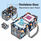 Innenansicht der Transporttasche mit Platz für die Toniebox und zwei Tonie-Figuren; die Duo-Aufteilung sorgt dafür, dass die Lieblingsfiguren sicher fixiert und getrennt von der Box transportiert werden.