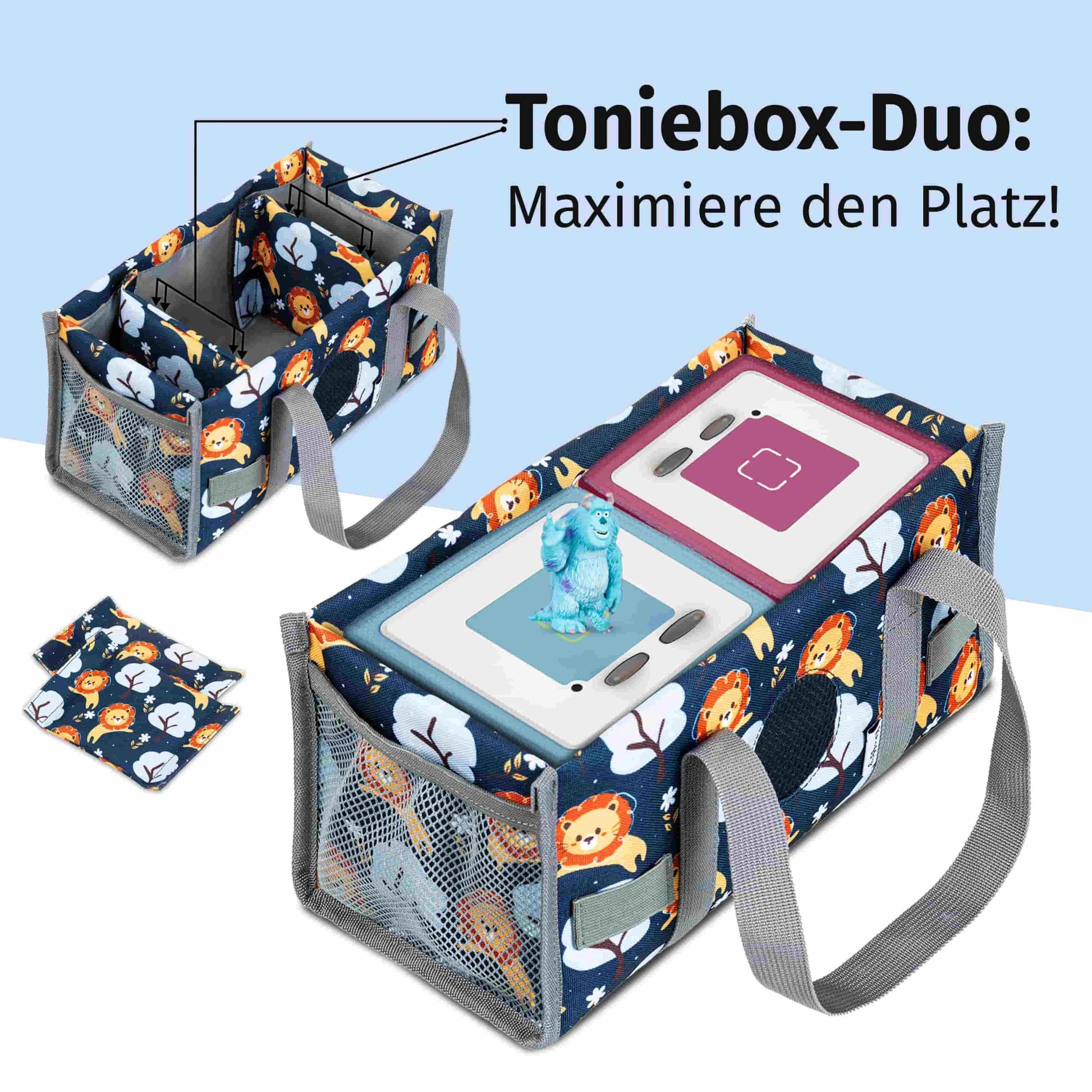 Innenansicht der Transporttasche mit Platz für die Toniebox und zwei Tonie-Figuren; die Duo-Aufteilung sorgt dafür, dass die Lieblingsfiguren sicher fixiert und getrennt von der Box transportiert werden.