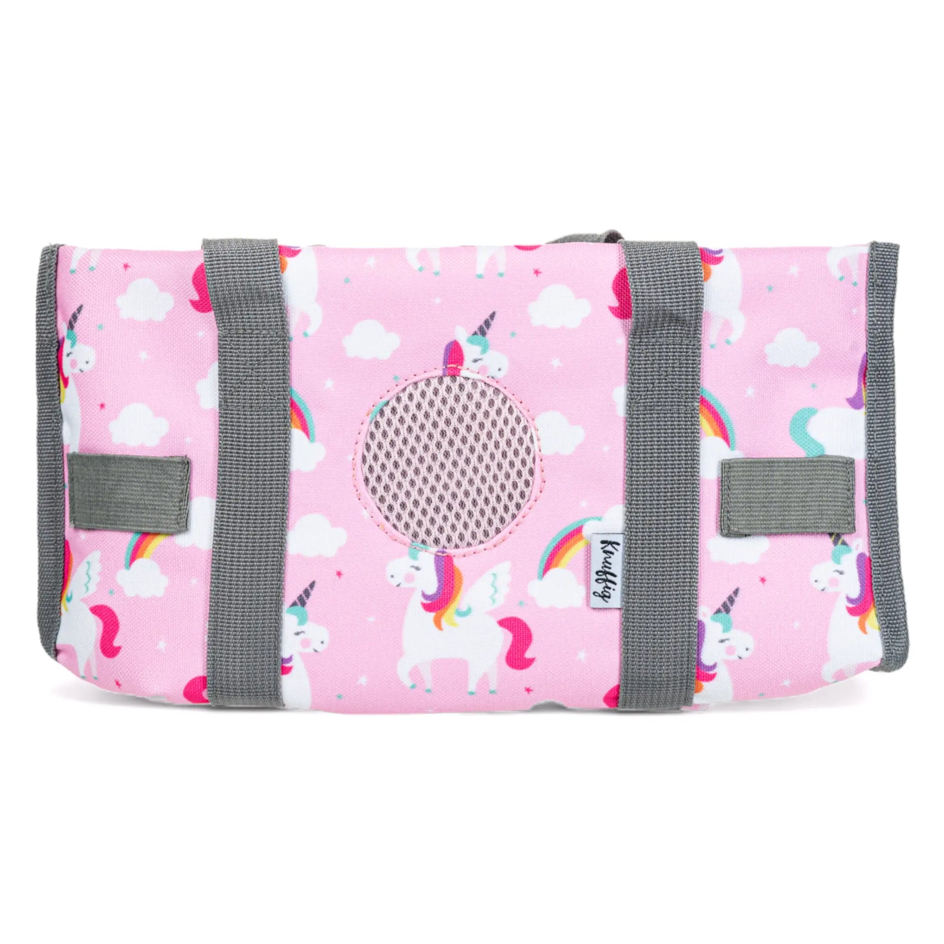 Die rosa Einhorn-Tragetasche für die Toniebox in flach zusammengefaltetem Zustand; zeigt das flexible Material und das extrem schmale Profil für eine platzsparende Aufbewahrung im Regal oder Koffer.
