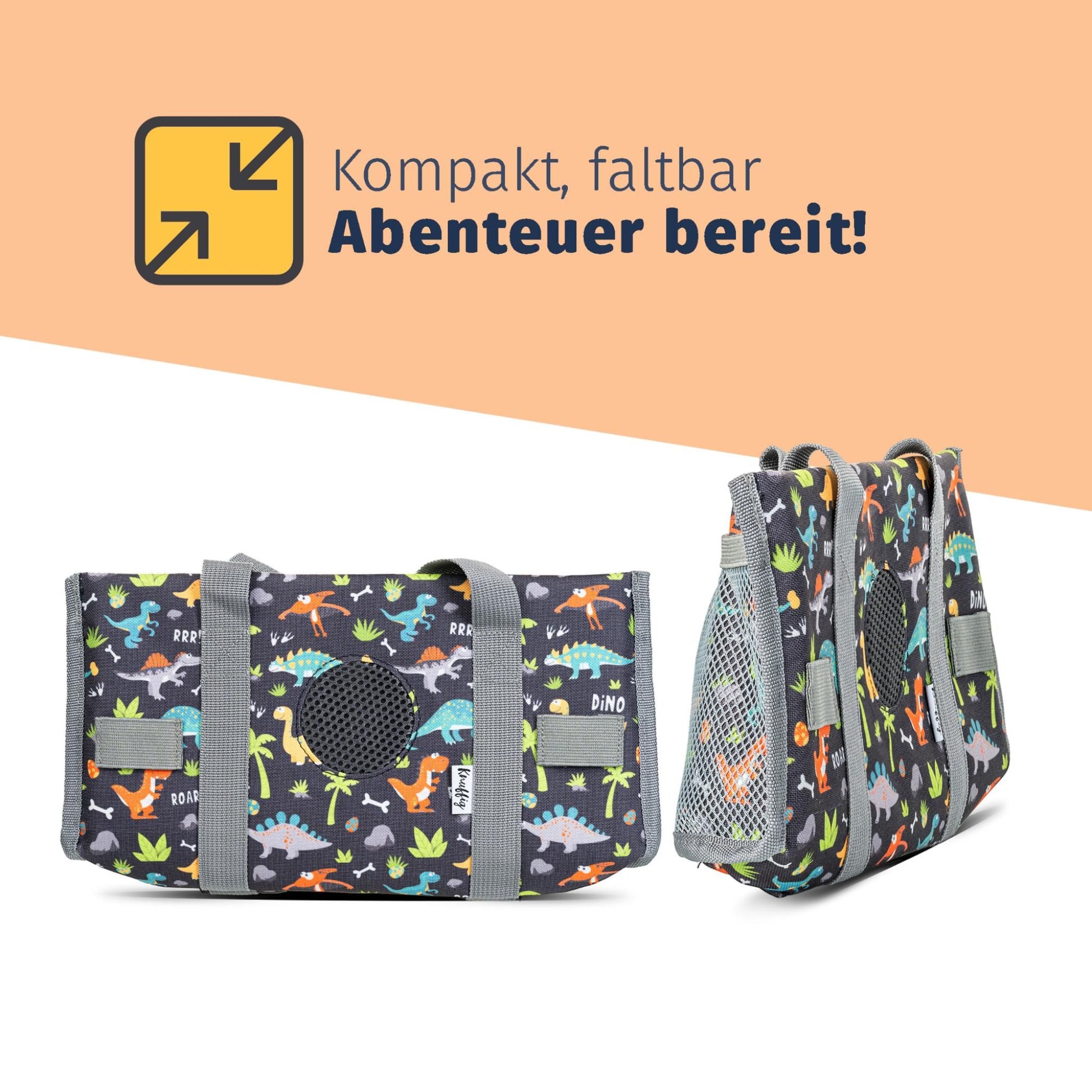 Die graue Dinosaurier-Transporttasche für die Toniebox im flach gefalteten Zustand; das platzsparende Design ermöglicht ein einfaches Verstauen im Regal oder Koffer bei Nichtgebrauch.