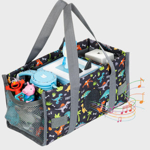 Graue Transporttasche mit coolem Dinosaurier-Motiv für die Toniebox; robuste und gepolsterte Tragetasche, perfekt für kleine Dino-Fans und den sicheren Transport auf Reisen.