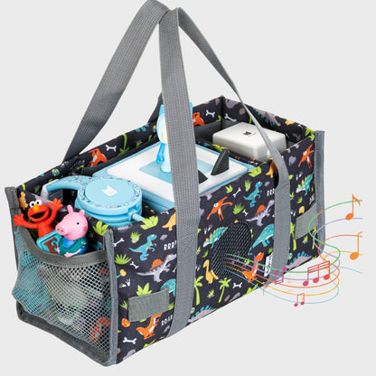 Graue Transporttasche mit coolem Dinosaurier-Motiv für die Toniebox; robuste und gepolsterte Tragetasche, perfekt für kleine Dino-Fans und den sicheren Transport auf Reisen.