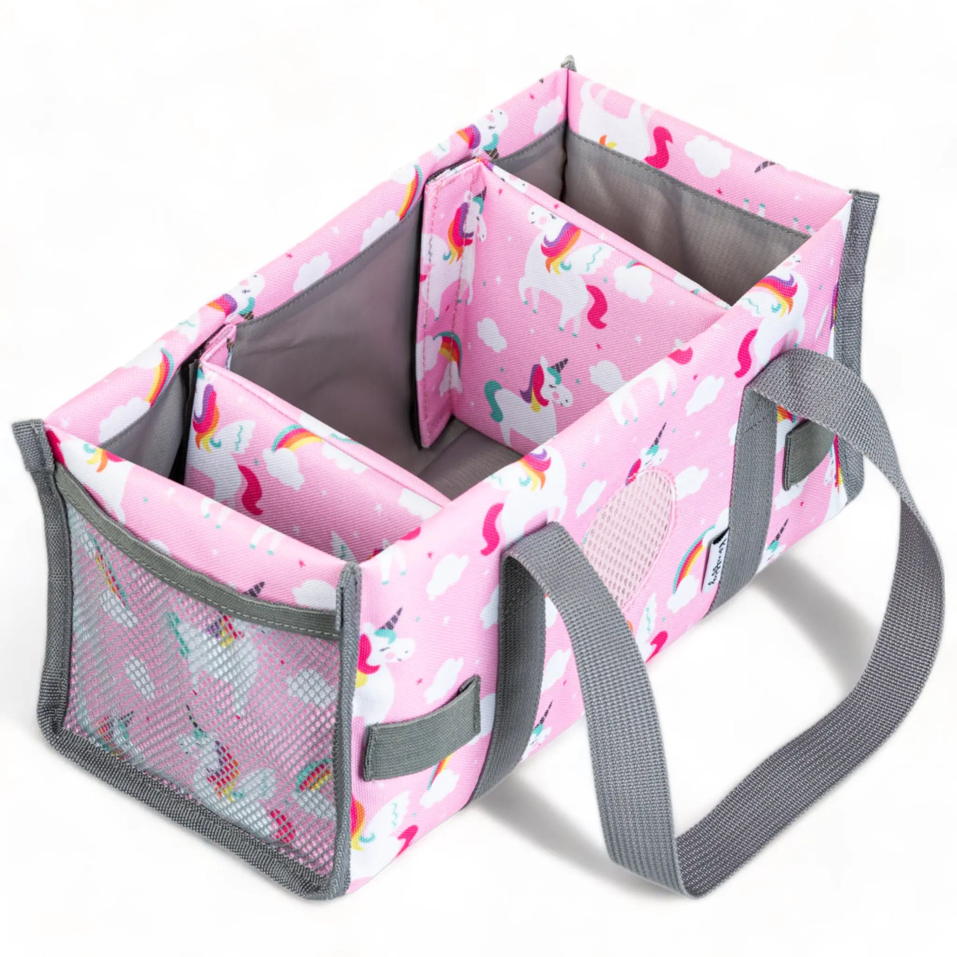 Detailansicht der Innenaufteilung der rosa Einhorn-Tragetasche; zeigt das passgenaue Hauptfach für die Toniebox sowie die speziellen Halterungen für Tonies, die für eine perfekte Organisation sorgen.