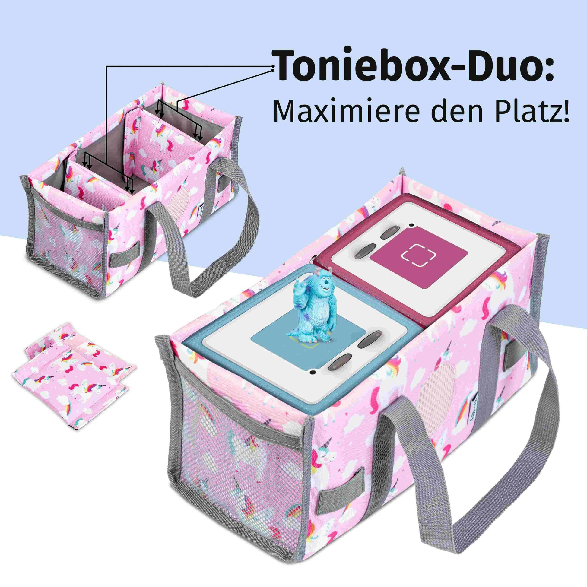 Kompakte rosa Transporttasche mit Einhorn-Motiv für die Toniebox; der robuste Tragegriff ermöglicht einen sicheren Transport der Hörspielbox und des Zubehörs.