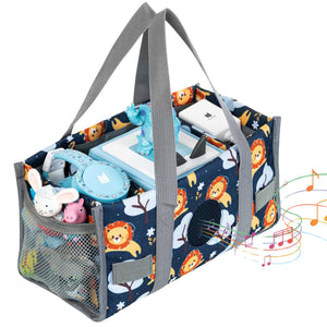 Gelbe Löwen-Transporttasche für die Toniebox mit praktischer Lautsprecher-Öffnung; ermöglicht das Musikhören direkt aus der Tasche heraus, ohne die Box herausnehmen zu müssen.