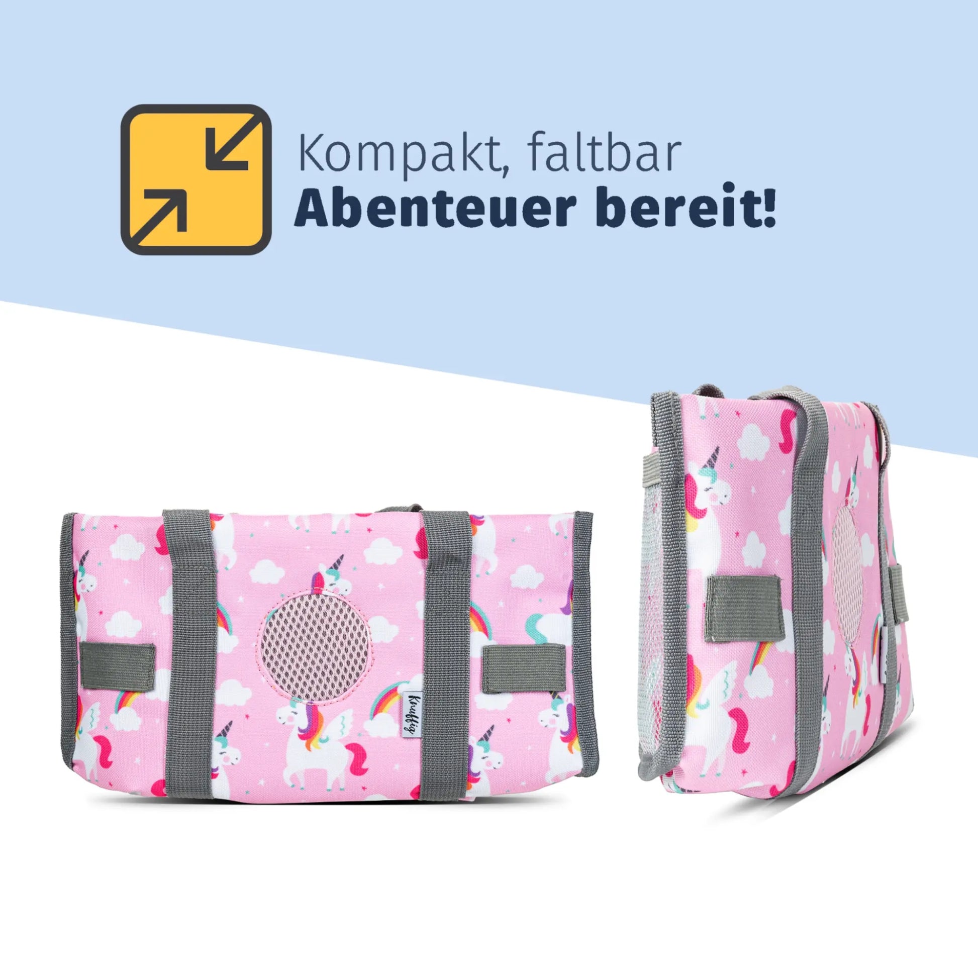 Die rosa Einhorn-Tragetasche in flach zusammengefaltetem Zustand; zeigt das kompakte Design für eine einfache und platzsparende Aufbewahrung, wenn die Tasche gerade nicht für die Toniebox gebraucht wird.