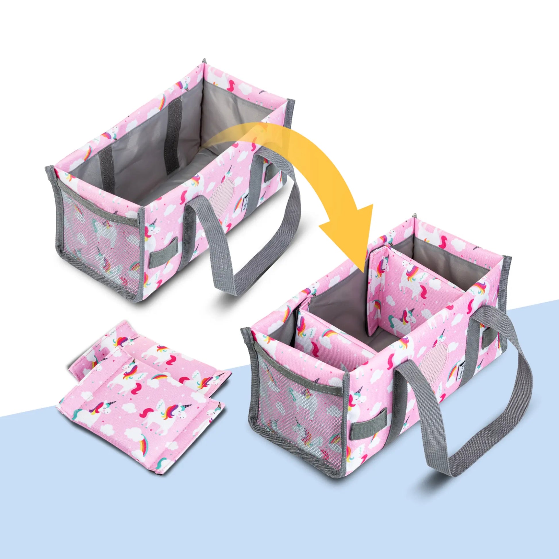 Innenansicht der rosa Einhorn-Tragetasche mit Fokus auf die weich gepolsterten Seitenwände; bietet optimalen Schutz vor Stößen und Kratzern für die Toniebox während des Transports.