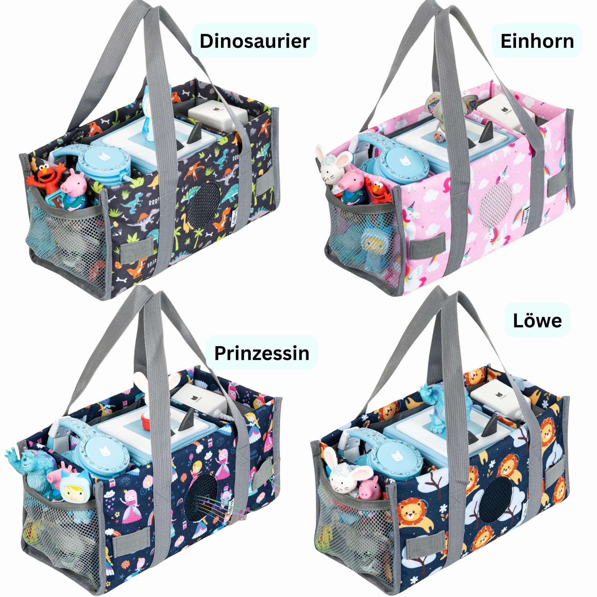 Alle vier Varianten der Toniebox-Transporttasche im Überblick: Blauer Dinosaurier, Rosa Einhorn, Pinke Prinzessin und Gelber Löwe; die ideale Auswahl an kinderfreundlichen Designs für jeden Geschmack.